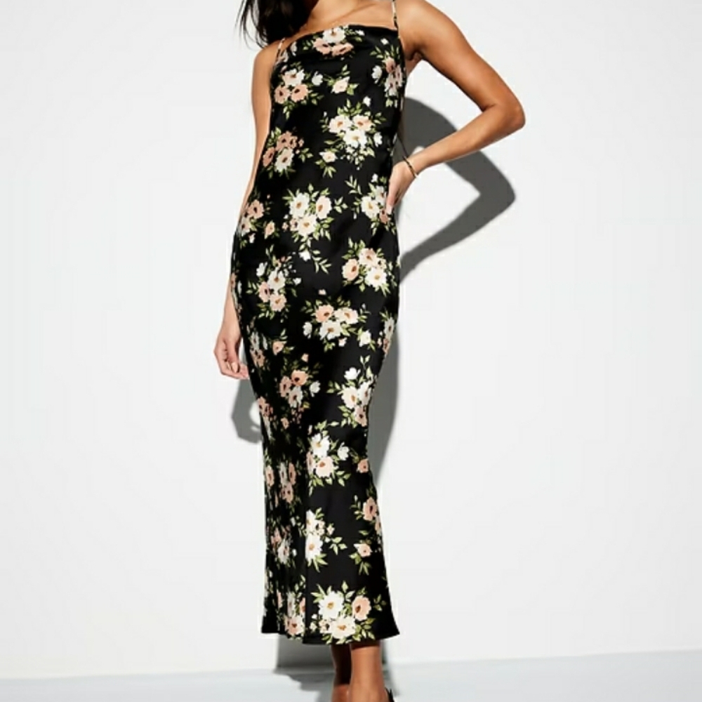 Old Navy S The Occasion Satin Cowl Neck Maxi Dress Black Floral Draped Back